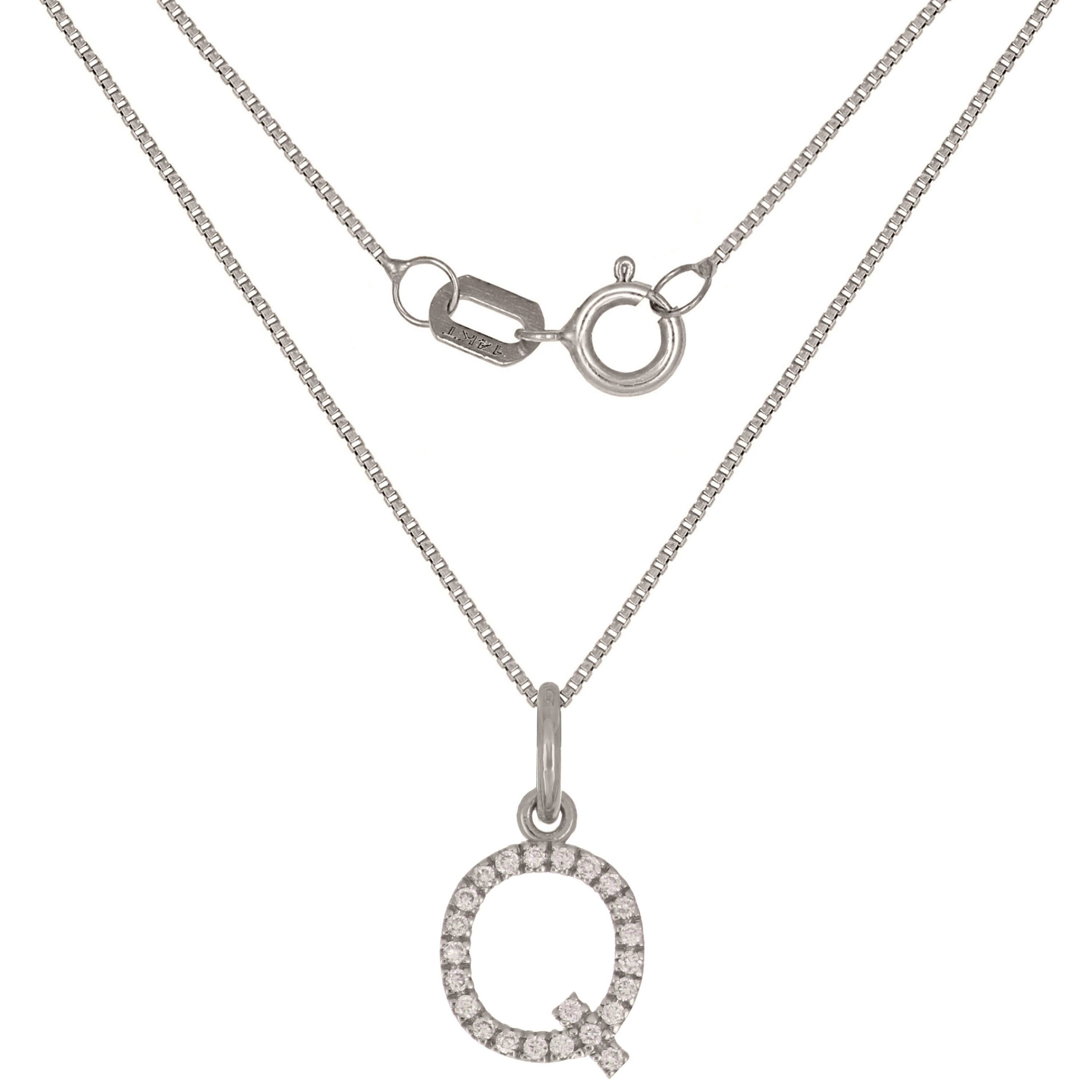 14k White Gold Diamond Initial Letter Q Charm Pendant Necklace 18" - Letter Q,White