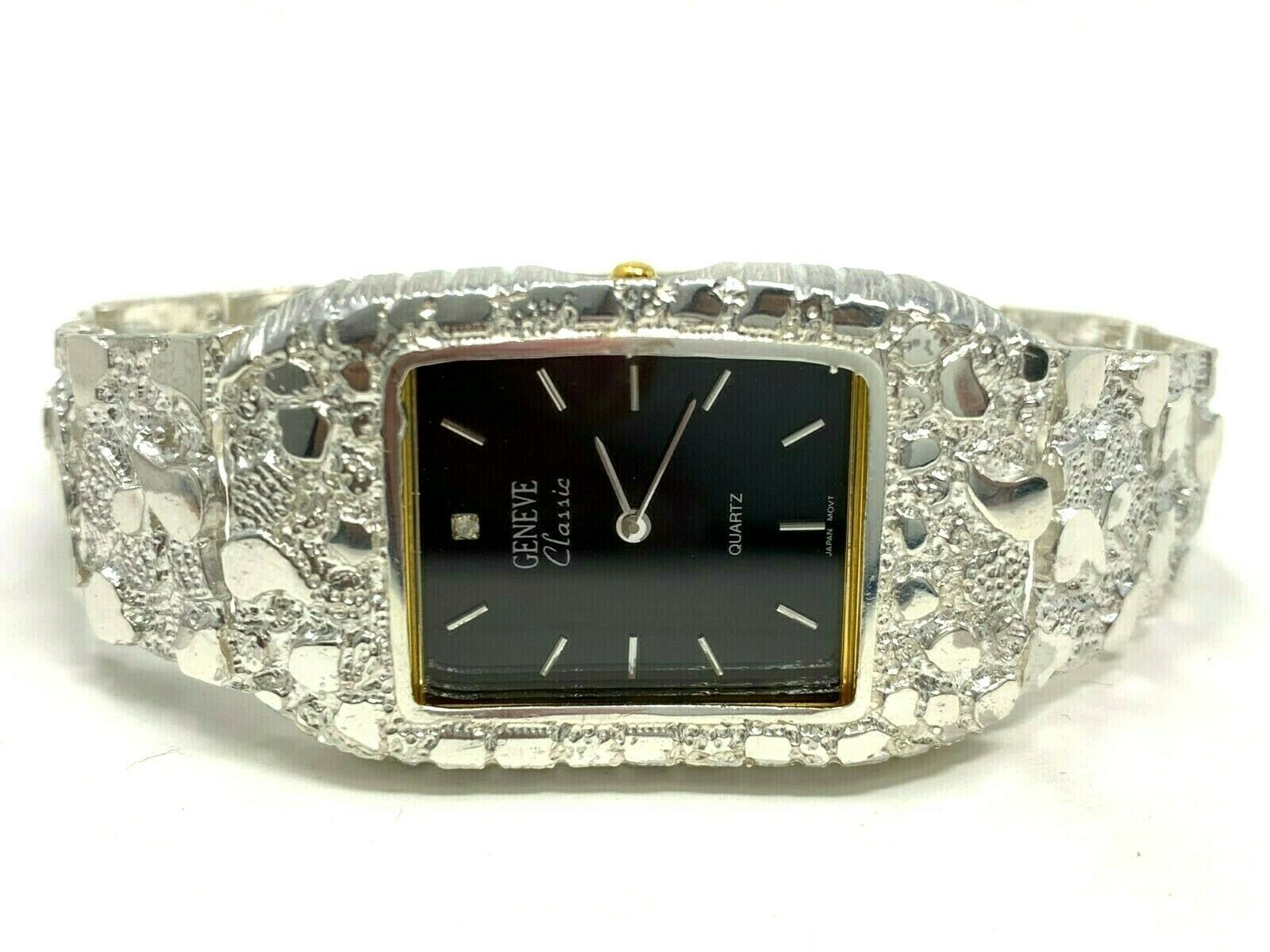 925 Sterling Silver Nugget Link Watch Bracelet Geneve with Diamond 7-7.5" 44g