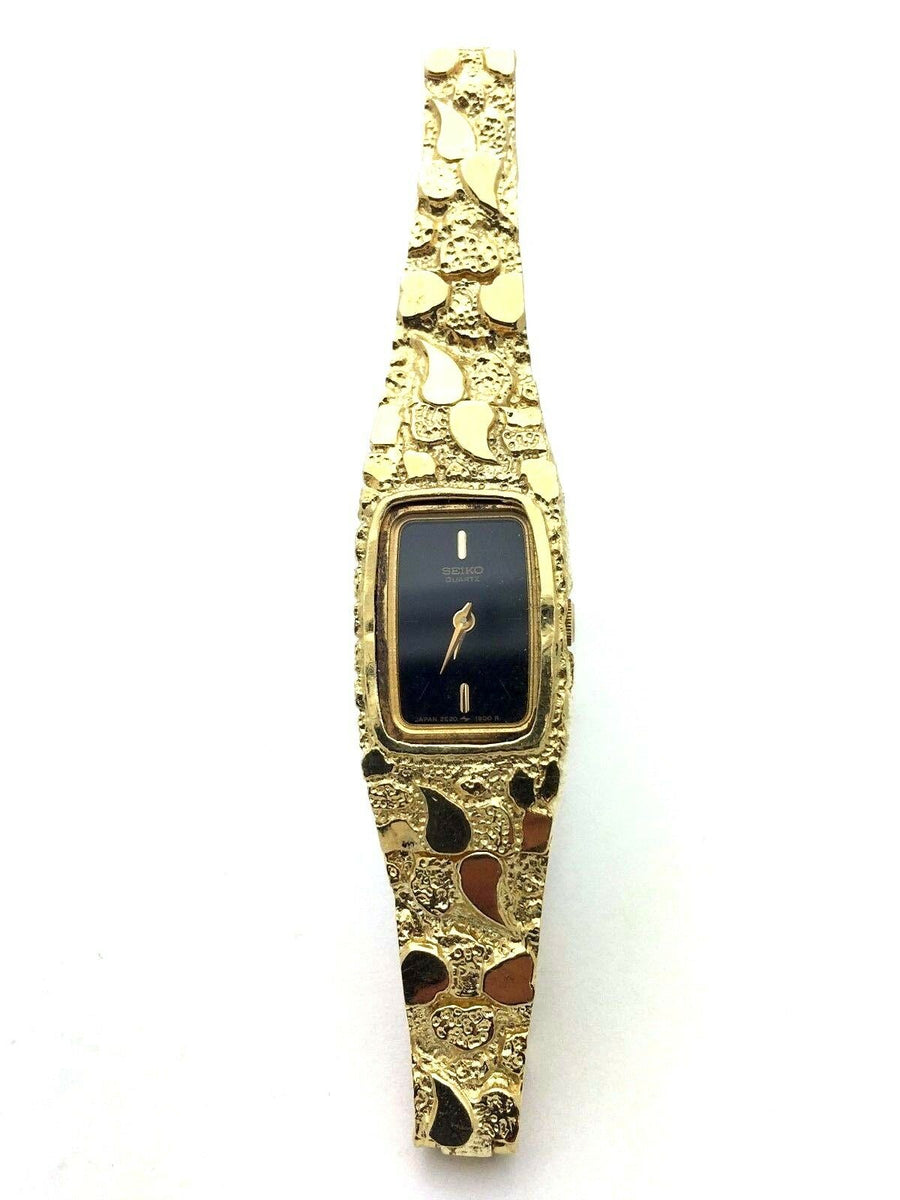 14k Yellow Gold Nugget Wrist Watch Link Band with Seiko Watch 6.5 7