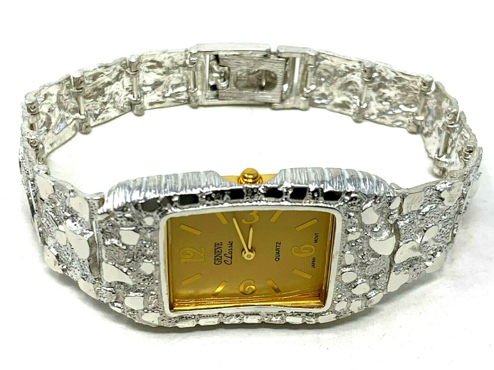 925 Sterling Silver Nugget Link Wrist Watch Geneve Bracelet 7-7.5" 44 grams