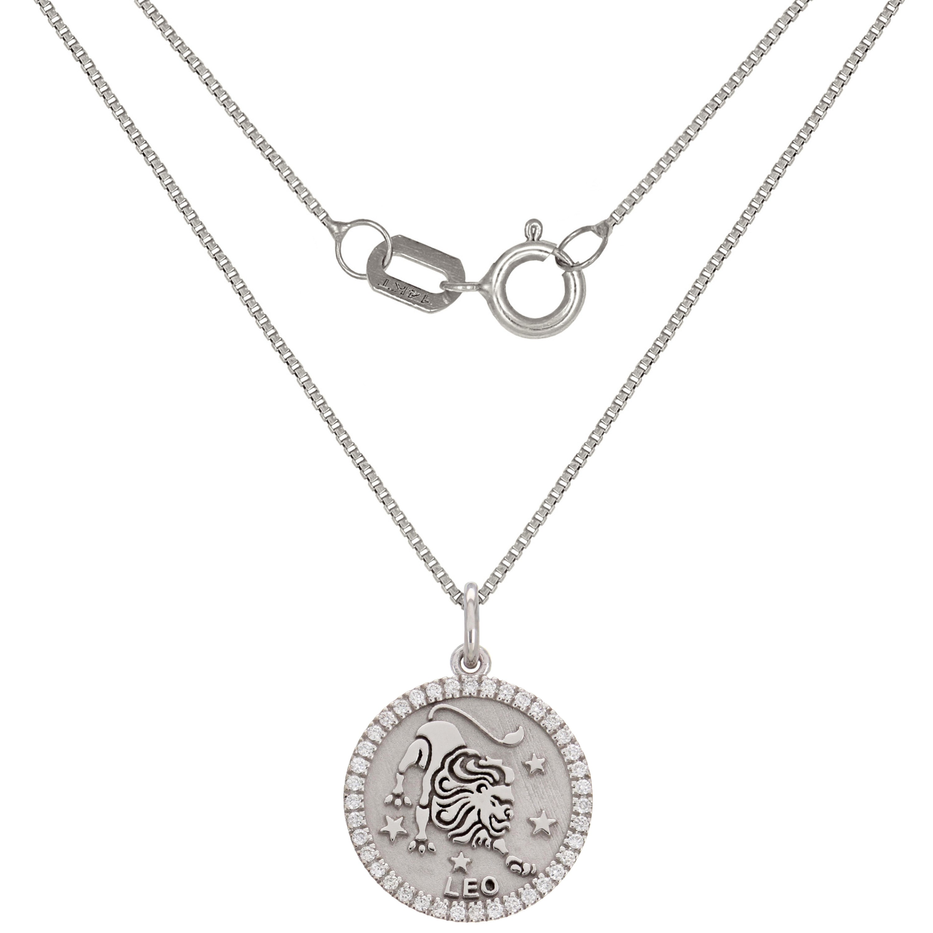 14k White Gold Diamond Zodiac Sign Leo Pendant Necklace 18" - Leo,White