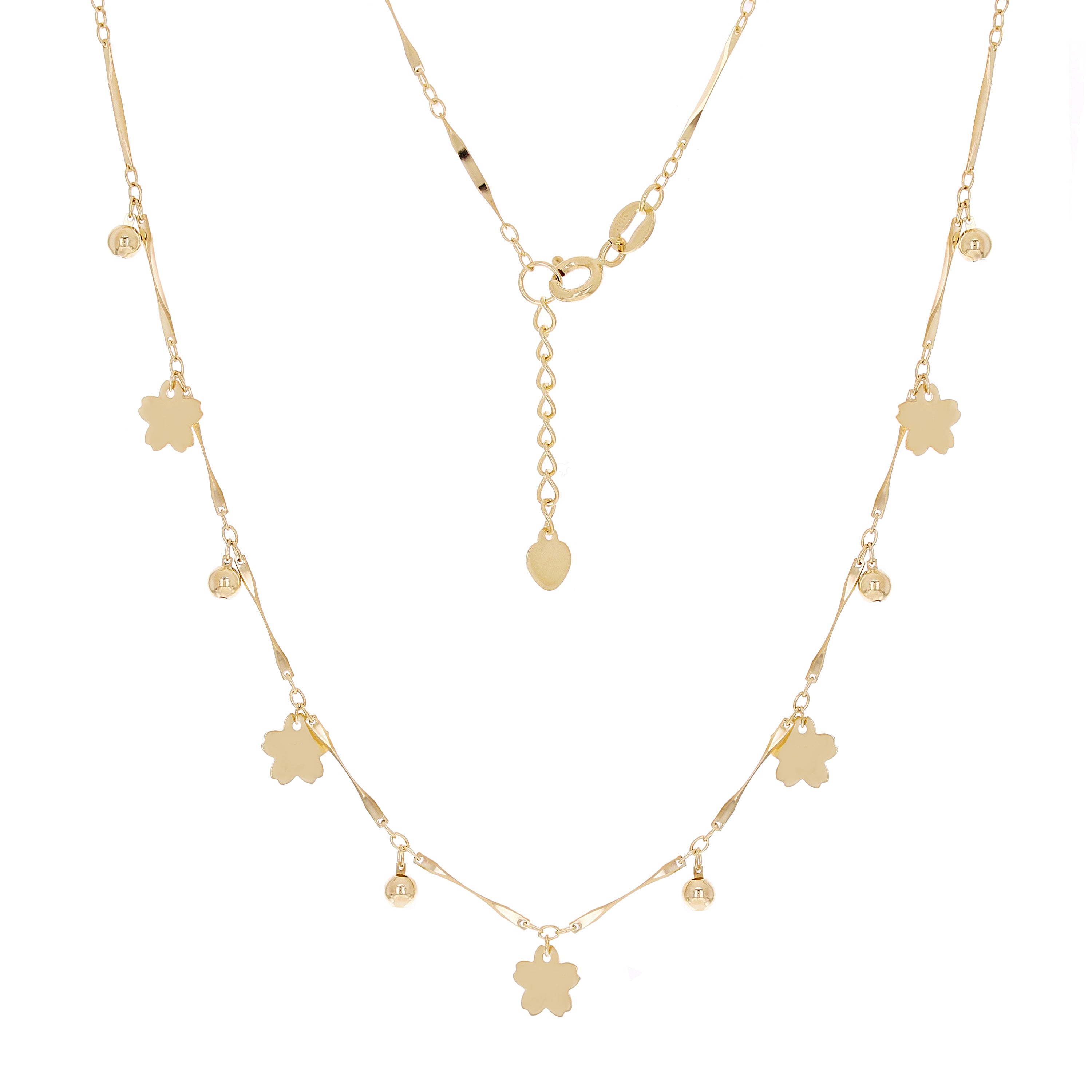 Italian 14k Yellow Gold Diamond Cut Bar Ball Bead & Flower Necklace 16.5" 3.1g