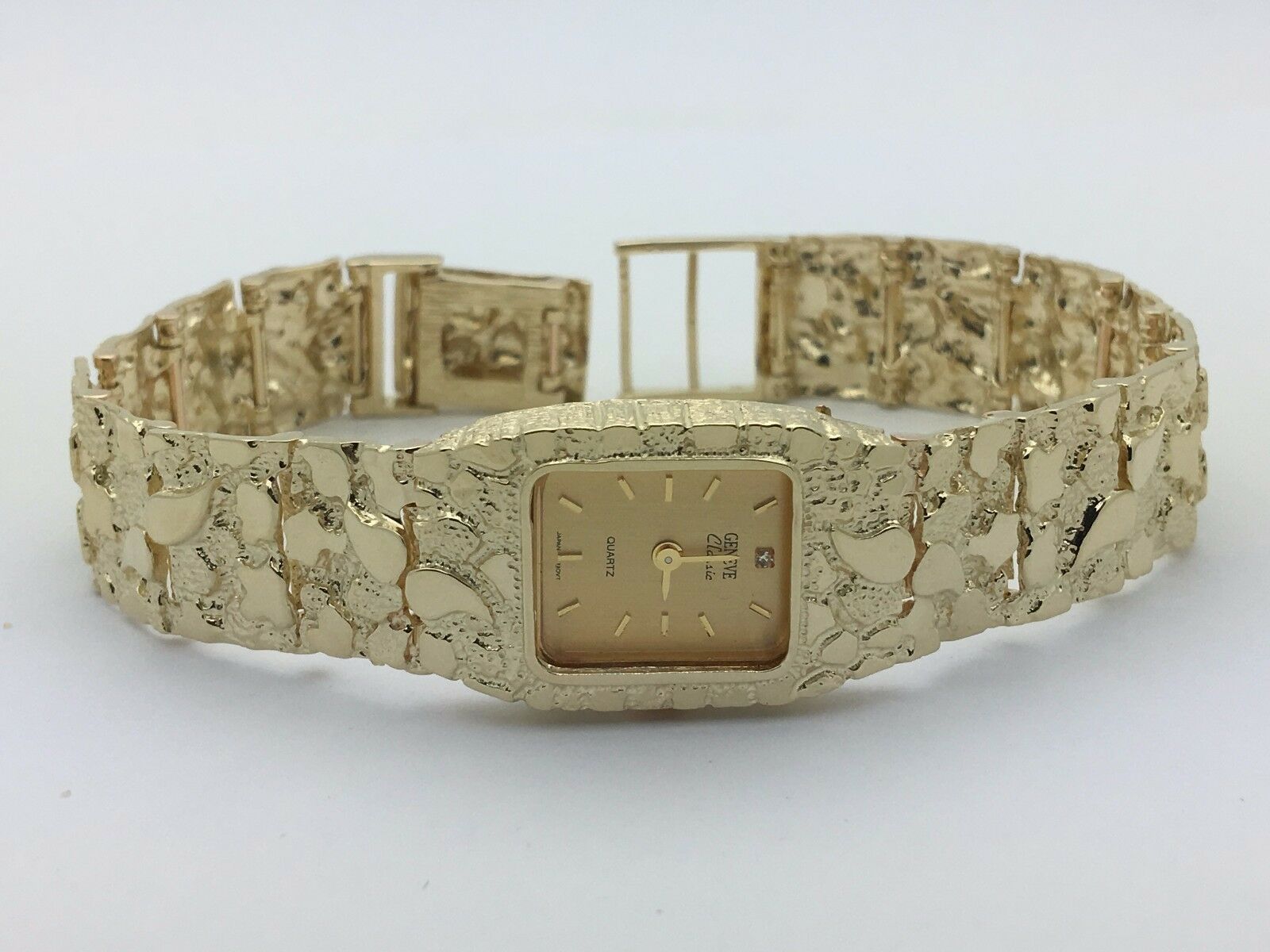 14k Yellow Gold Solid Nugget Wrist Watch Link Bracelet with Geneve Watch 8" 41g