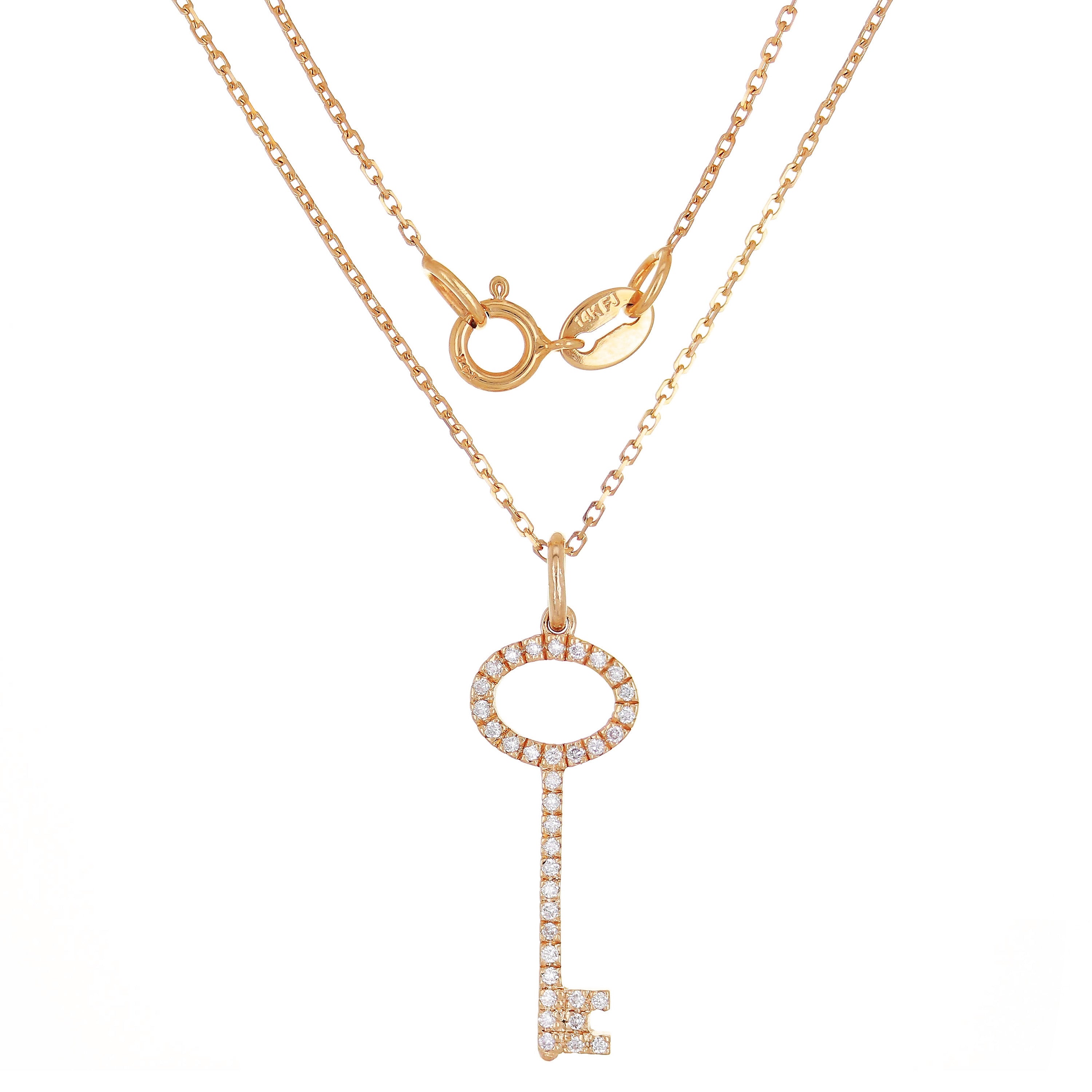 14k Rose Gold Natural Diamond Key Pendant Necklace 18" - Rose
