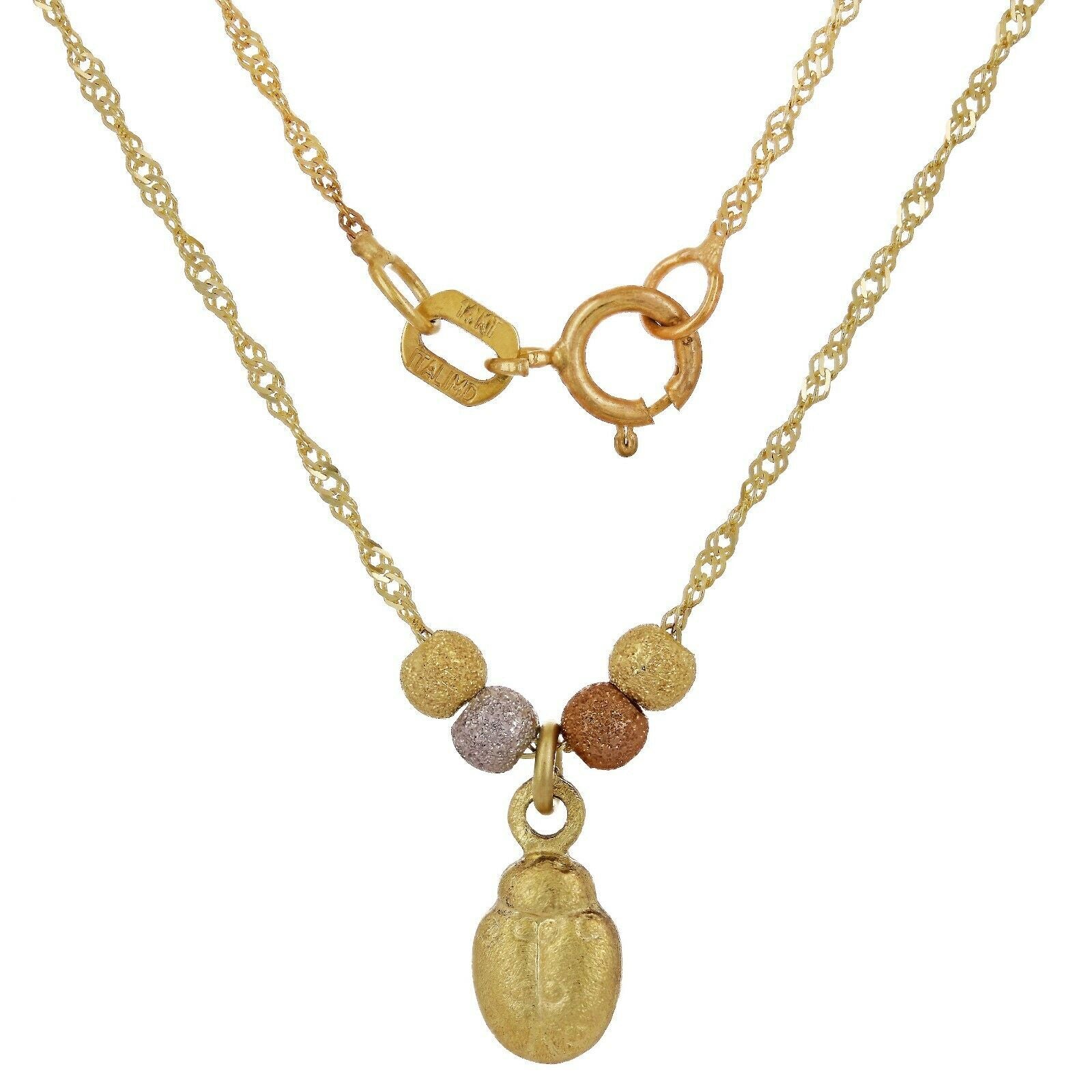 14k Tri Color Gold Ball Beads & Lady Bug Charm Pendant w/ 17" Singapore Necklace