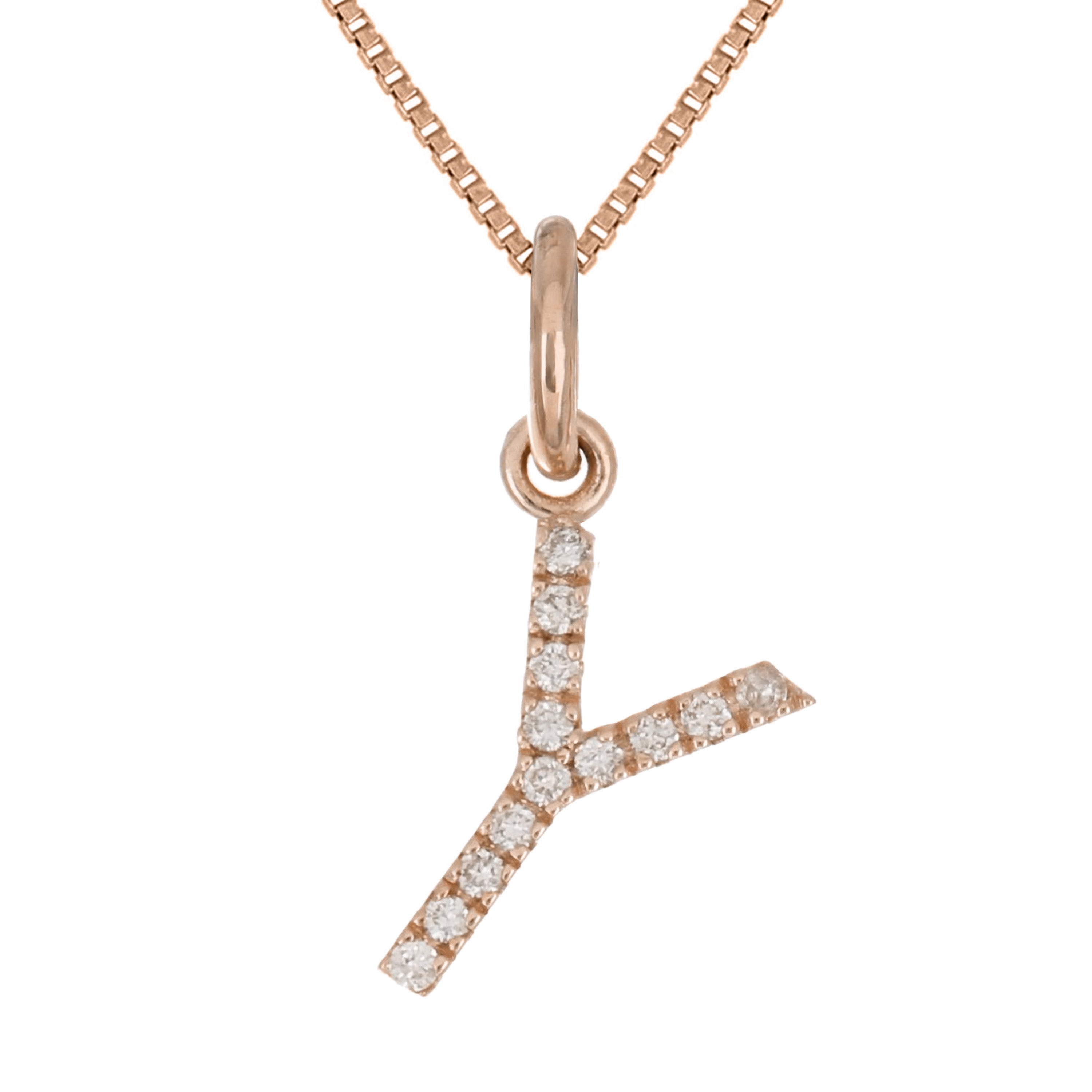 14k Rose Gold Diamond Initial Letter Y Charm Pendant Necklace 18" - Letter Y,Rose