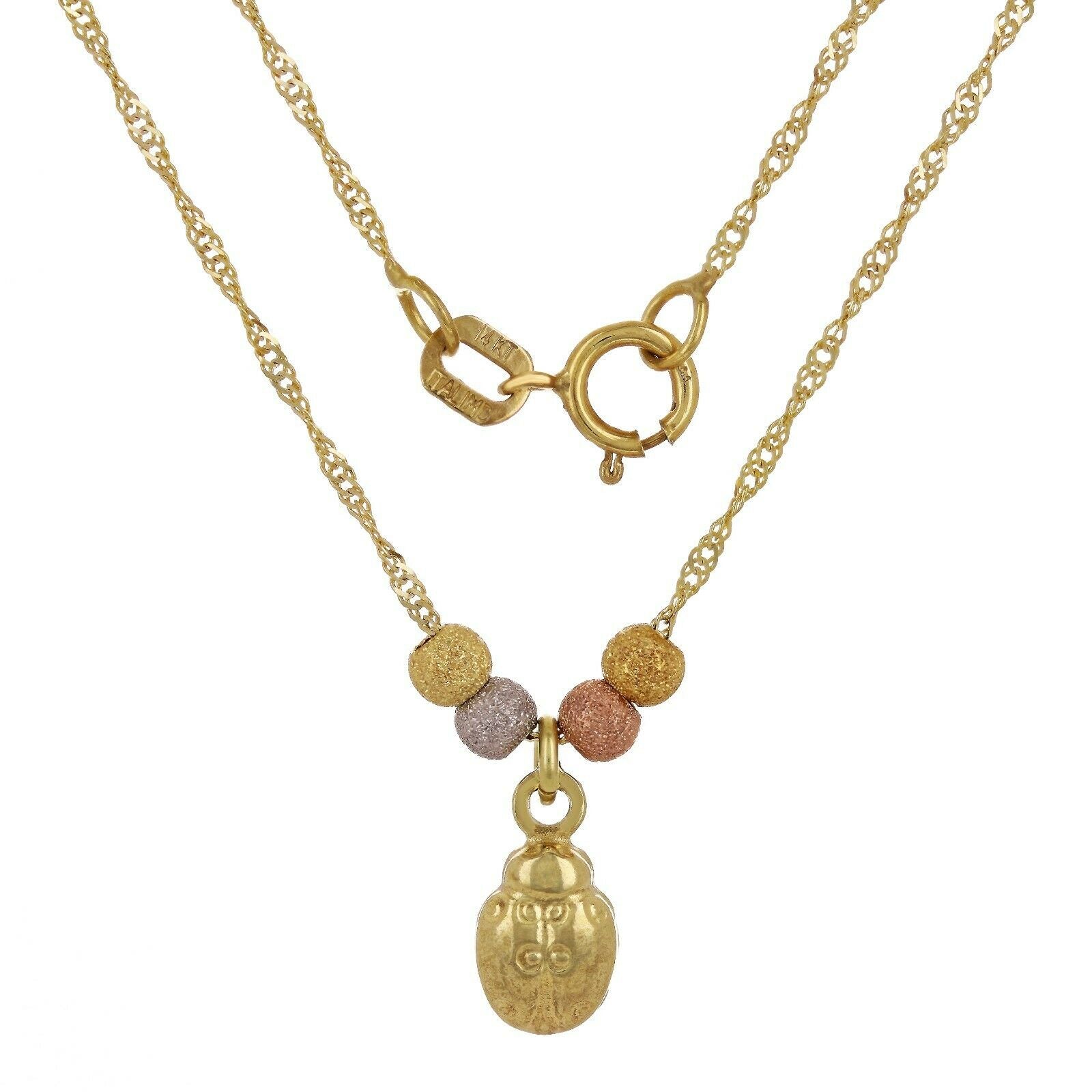 14k Tri Color Gold Ball Beads Lady Bug Charms Singapore Chain Necklace 17"