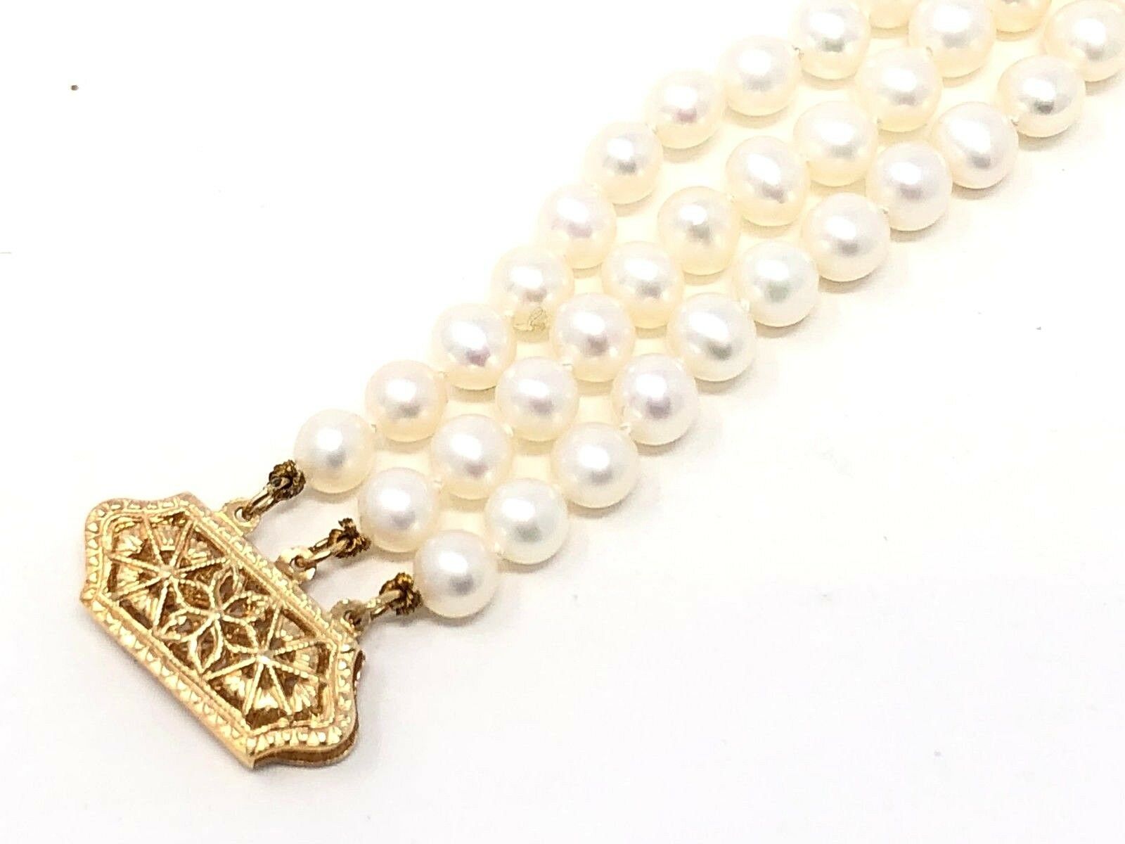14k Yellow Gold Vintage 3 Row Strands Pearl Bracelet 7.5" 5.25mm