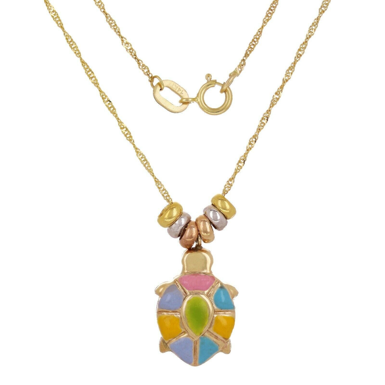 14k Tri Color Gold Enamel Turtle Charm Pendant Singapore Necklace 16"