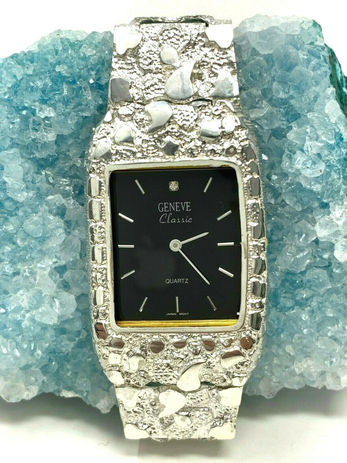 925 Sterling Silver Nugget Link Watch Bracelet Geneve with Diamond 7-7.5" 44g