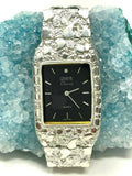 925 Sterling Silver Nugget Link Watch Bracelet Geneve with Diamond 7-7.5" 44g