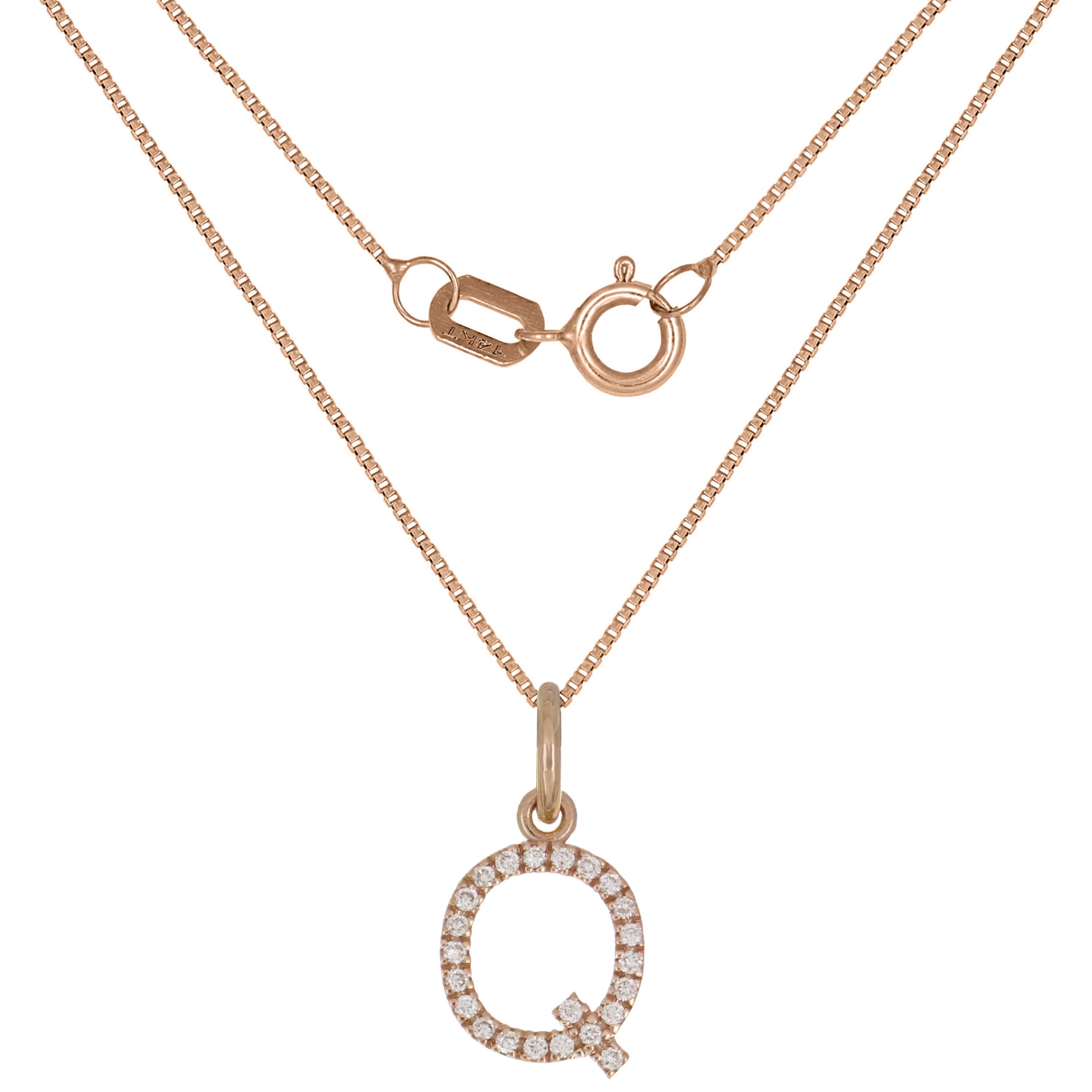 14k Rose Gold Diamond Initial Letter Q Charm Pendant Necklace 18" - Letter Q,Rose