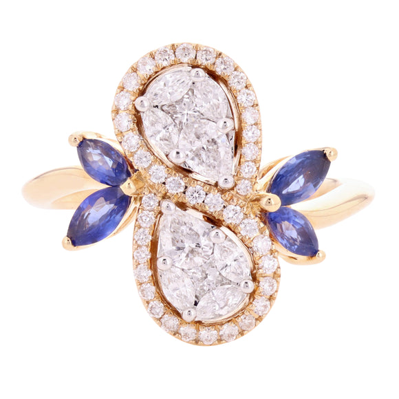 18k Rose Gold 1.01ctw Diamond & Sapphire Leaf & Vine Vintage Style Pear Ring