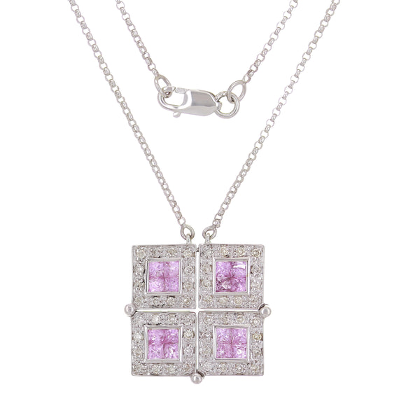 14k White Gold 0.40ctw Pink Sapphire & Diamond Deco Style Pendant Necklace 18