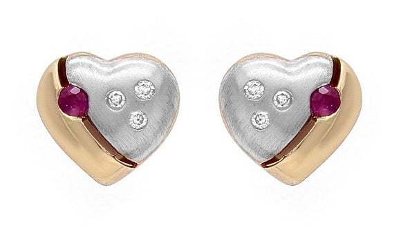 10k Two Tone Gold Heart Earrings Round Ruby & Diamonds Stud Earrings