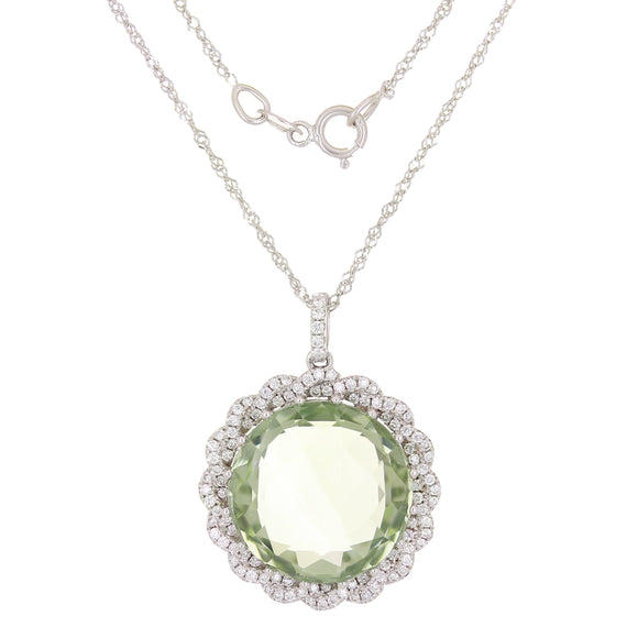 14k White Gold 0.40ctw Green Quartz & Diamond Halo Wreath Pendant Necklace 18
