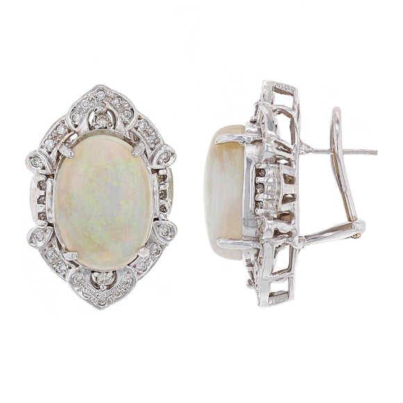 14k White Gold 0.35ctw Diamond & White Opal Omega Back Earrings