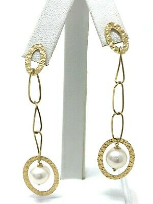14k Yellow Gold Oval Earrings with Water Pearl Drop Dangle 2.5