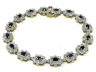 10k Yellow Gold 1ctw Diamond & Sapphire Gemstones Flower Link Bracelet 6.75
