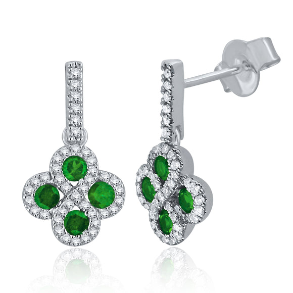 14k White Gold 0.30ctw Emerald & Diamond Dangle Drop Earrings