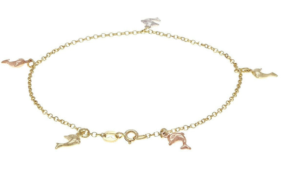 14k Tri Color Gold Dolphin Charm Anklet Bracelet 10