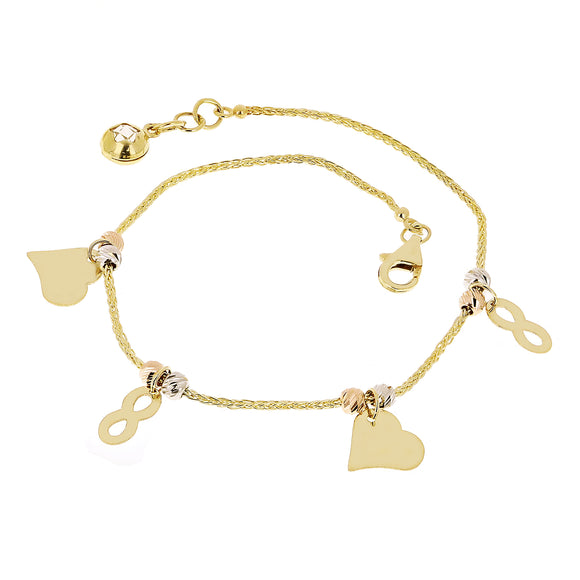 Italian 14k Tri Color Gold Heart & Infinity Charm Bracelet 7