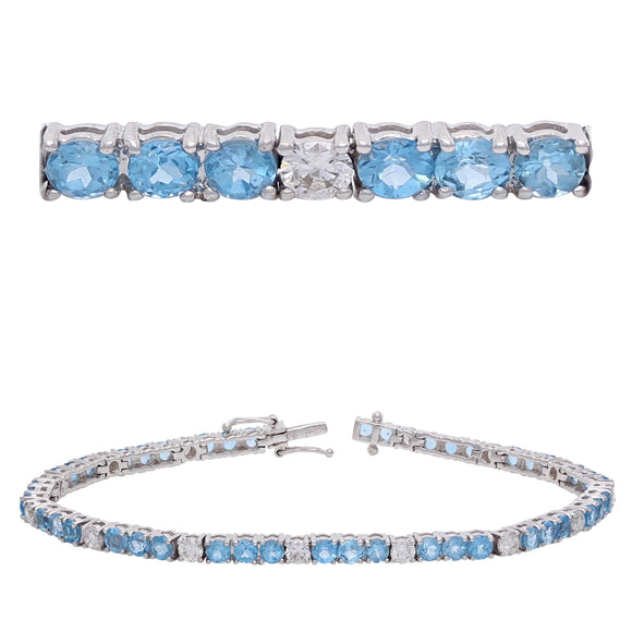 18k White Gold 8.22ctw Blue Topaz & Diamond Tennis Bracelet 7