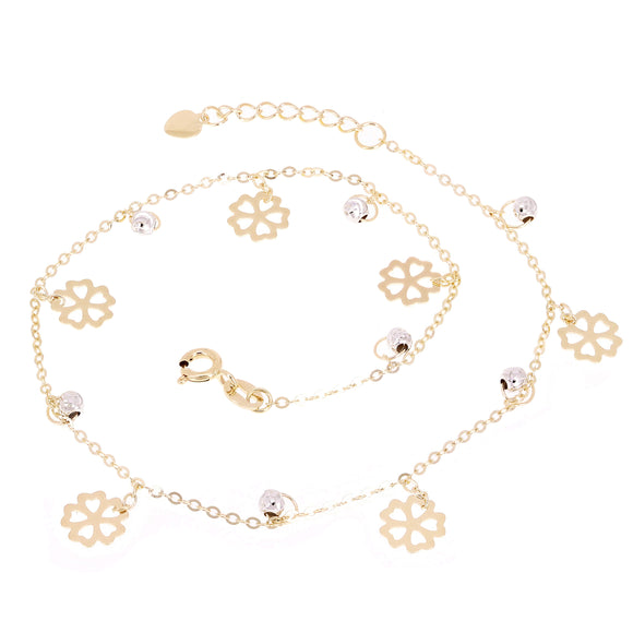 Italian 14k Two Tone Gold Flower & Ball Beads Charm Anklet Bracelet 10