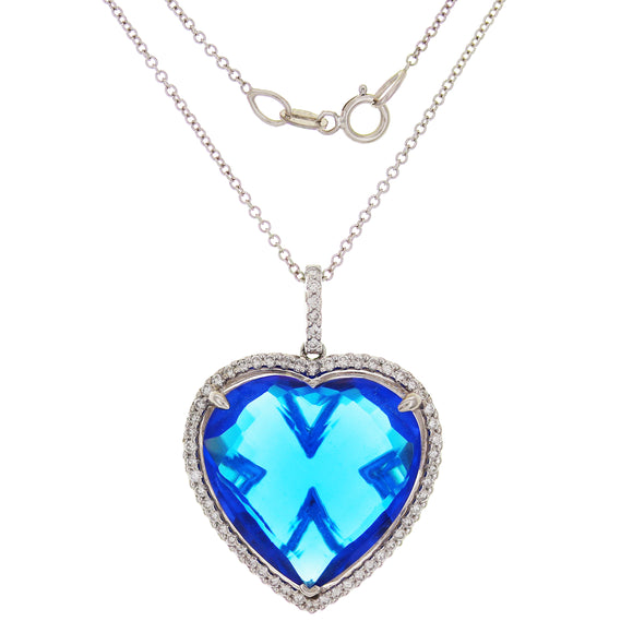 14k White Gold 0.40ctw Diamond & Electric Blue Quartz Heart Pendant Necklace 18