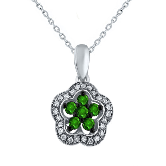 10k White Gold 1/4ctw Green & White Diamond Floral Cluster Drop Pendant Necklace
