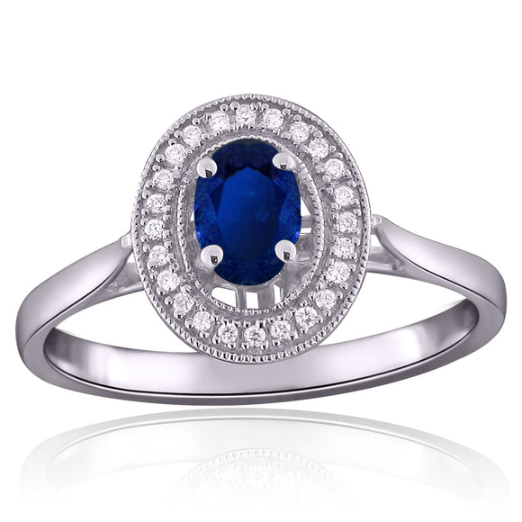 14k White Gold 0.75ctw Sapphire & Diamond Halo Vintage Style Ring Size 6.5