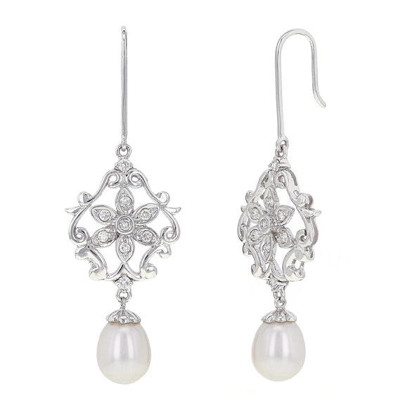 14k White Gold 1/4ctw Diamond & Pearl Drop Chandelier Earrings