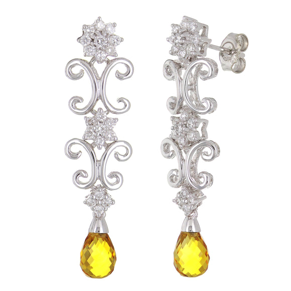 14k White Gold 0.75ctw Citrine Briolette Drop & Diamond Flower Dangle Earrings