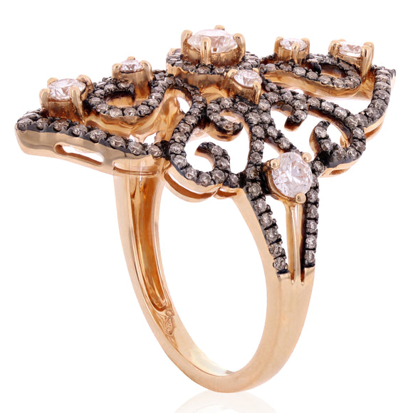 18k Rose & Black Gold 3.25ctw Brown & White Diamond Vintage Style Filigree Ring