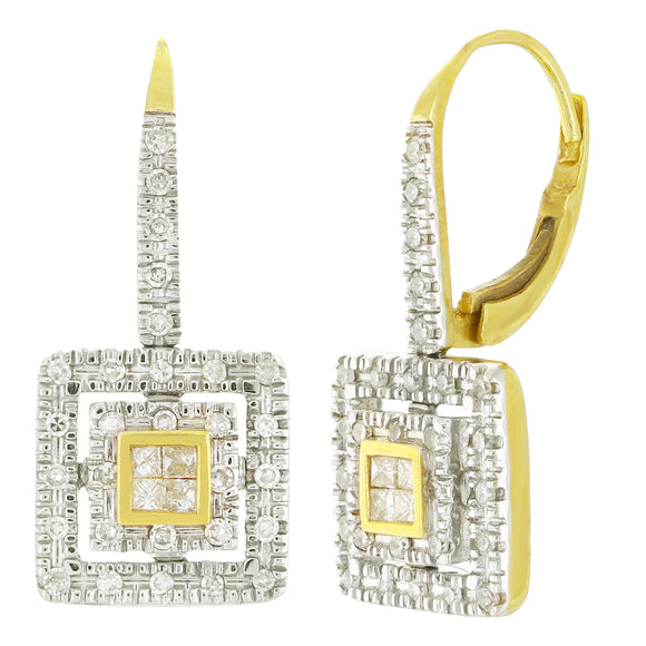 14k Two Tone Gold 0.55ctw Diamond Square Checkerboard Dangle Hinge Earrings