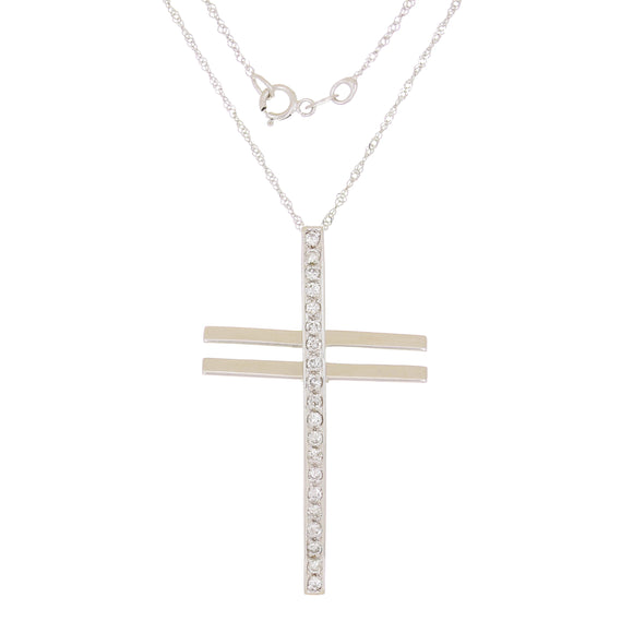 14k White Gold 0.39ctw Diamond 3-D Dimensional Modern Cross Pendant Necklace 18