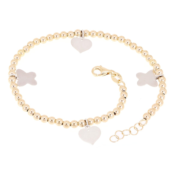 Italian 14k Two Tone Gold Ball Bead Bracelet with Butterfly & Heart Charms 7.75