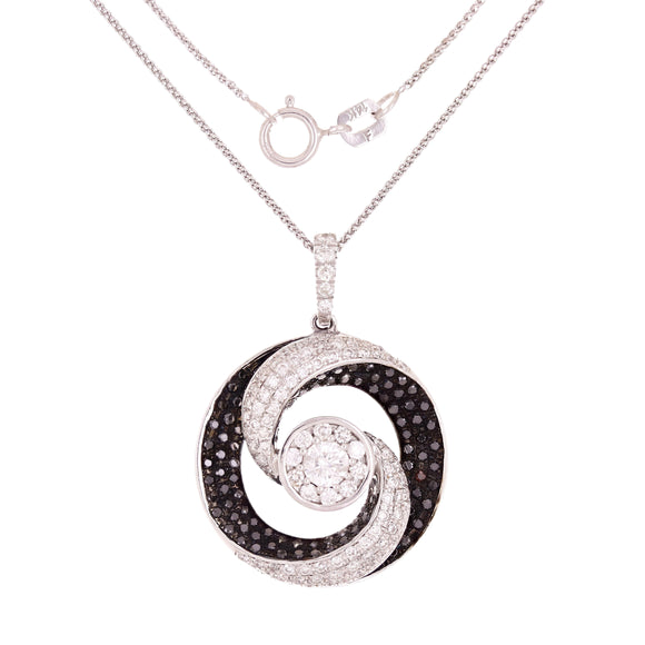 14k White Gold 1.23ctw Black & White Diamond Swirling Zen Pendant Necklace 18