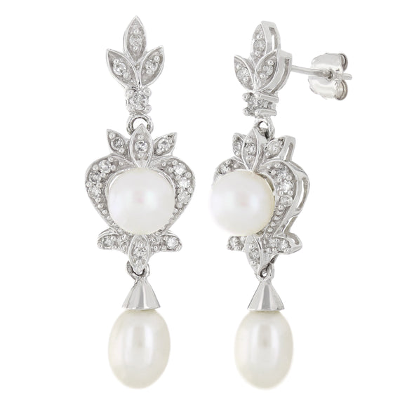 14k White Gold 0.25ctw Culture White Pearl & Diamond Antique Style Earrings