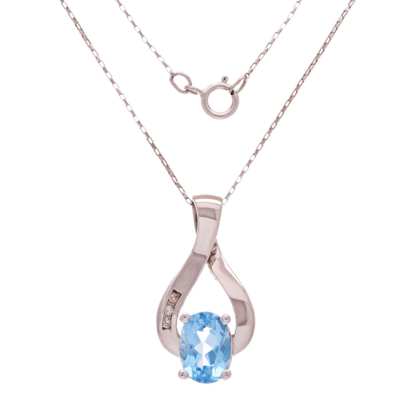 14k White Gold 0.05ctw Blue Topaz & Diamond Oblong Twist Pendant Necklace