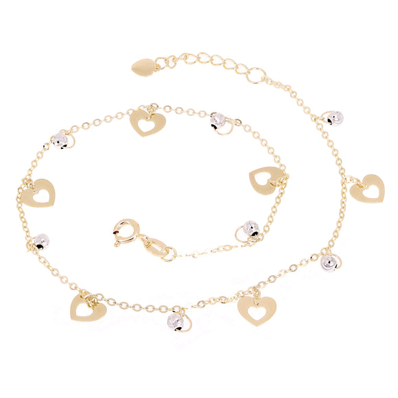 Italian 14k Two Tone Gold Heart & Ball Beads Charm Anklet Bracelet 10
