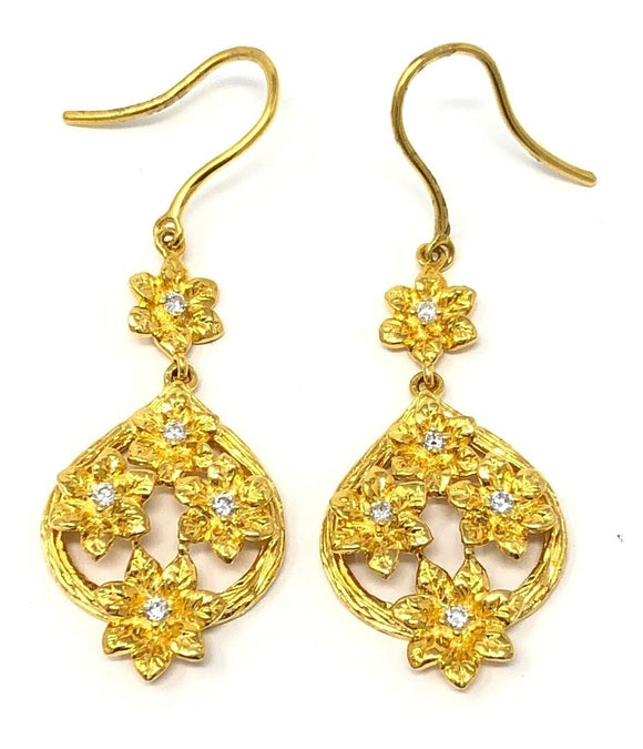 22k Yellow Gold Diamond Flower Dangle Earrings Vintage Tear Drop Pear Shape 9g