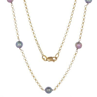 Italian 14k Yellow Gold Rolo Chain with Blue Water Pearls Necklace 23.75