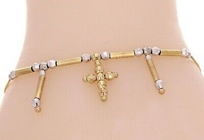 Italian 14k Two Tone Gold Ball Beads & Cross Charm Anklet Bracelet 9