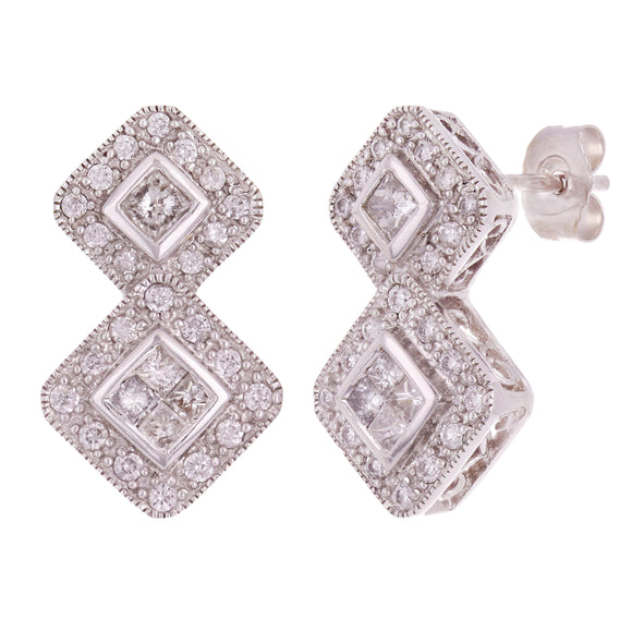 14k White Gold 0.75ctw Diamond Double Square Halo Drop Earrings