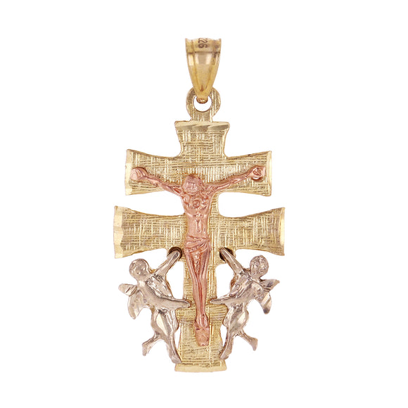 14k Tri Color Gold Caravaca Crucifix Cross Charm Pendant 1.3