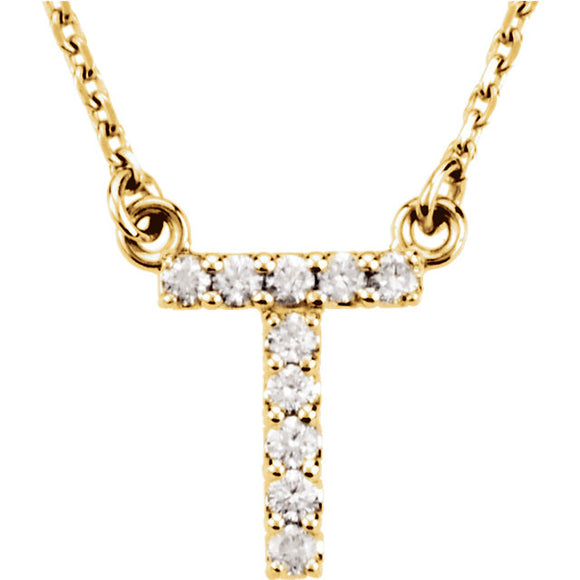 14k Yellow Gold Diamond Initial Letter T Alphabet Rolo Pendant Necklace 18
