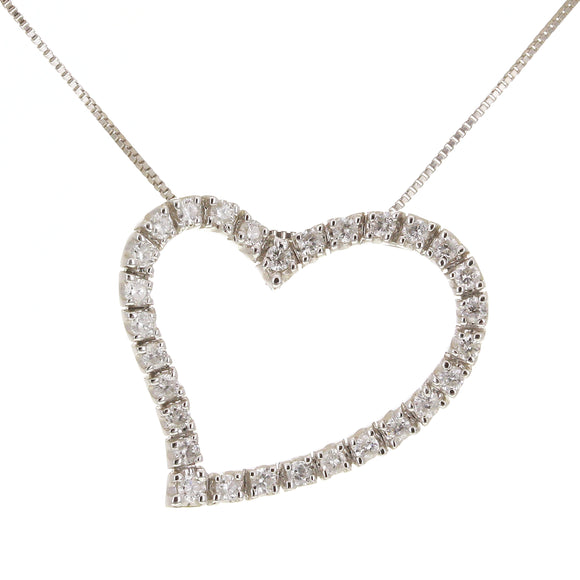14k White Gold 0.53ctw Diamond Curved Halo Open Heart Floating Pendant Necklace