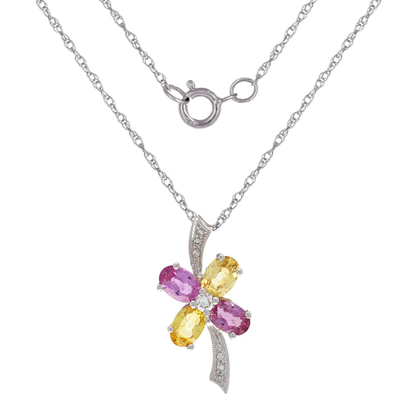 14k White Gold 0.15ctw Diamond Pink & Yellow Sapphire Flower Ribbon Necklace 18