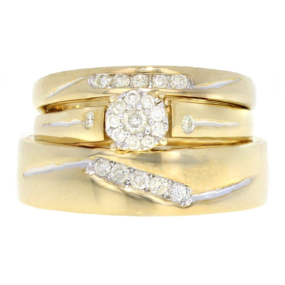 10k Yellow Gold 0.58ctw Diamond Cluster Bride & Groom Matching 3 Piece Ring Set